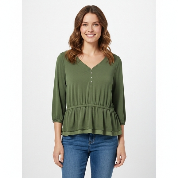 cleo Tops - Cleo Forest Green Women's Blouse Button Detail Peplum Size Large Petite